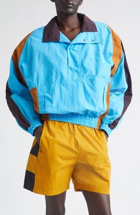 Saint Laurent Cassandre Colorblock Pullover Nylon Windbreaker in Turquoise at Nordstrom, Size 40