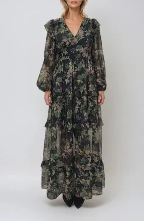 Melloday Print Ruffle Long Sleeve Chiffon Maxi Dress in Hunter Green Floral at Nordstrom Rack, Size X-Small