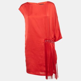 Roberto Cavalli Red Satin Fridge Detail Tunic Mini Dress