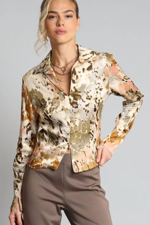 Lola & Sophie Safari Printed Zip Front Shirt In Gold