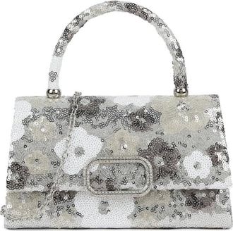 Girly HandBags Womens Floral Beaded Top Handle Bag - Sequin Handbag with Chain Strap for Weddings, Parties, and Formal Events Medium Silver