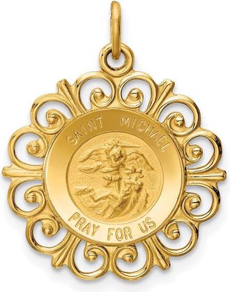 Diamond2Deal 14k Yellow Gold and Satin Solid St. Michael Medal Scalloped Edge Round Pendant