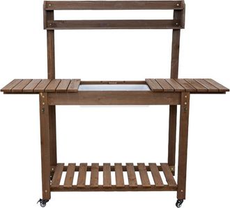 Sunnydaze Wooden Wheeled Potting Bench With Dry Sink, Storage Shelves & Tool Hooks