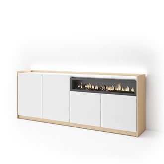 Skraut Home Skraut Home - Aparador Para Sal&oacute;n, Gran Capacidad De Almacenaje, 207x37x80cm, 4 Puertas, Chimenea El&eacute;ctrica, Led, Estilo Moderno, Blanco Y Roble Soft