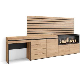 Skraut Home Tocador, Dormitorio Habitaci&oacute;n, 284x145x35 Cm, Con Caj&oacute;n, Chimenea El&eacute;ctrica Xxl, C&oacute;moda, Cajonera, Listones Decorativos, Estilo Moderno, Roble - Skra