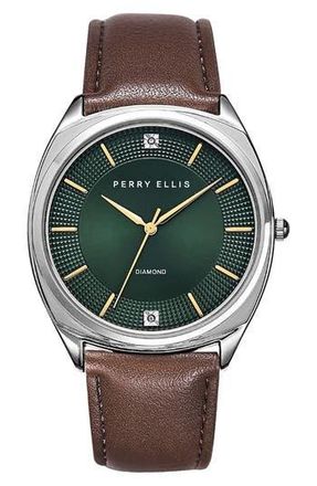 Perry Ellis Diamond Ultra Thin Faux Leather Strap Watch, 42mm in Silver/green at Nordstrom Rack