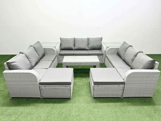 Fimous PE Rattan Lounge Sofa Set 11 Seater Outdoor Garden Furniture Set w/ Oblong Coffee Table 3 Seater Sofa 2 Big Footstools 2 Side Table Light Grey