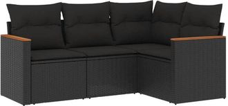 vidaXL Juego De Sof&aacute;s Jard&iacute;n 4 Pzas Con Cojines Rat&aacute;n Sint&eacute;tico Negro Vidaxl