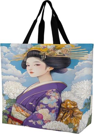 Generic Japanese ChrysanthemumGeisha Tote Bag Reusable Grocery Shopping Bags Large Travel One Shoulder Handbag for Picnic Work