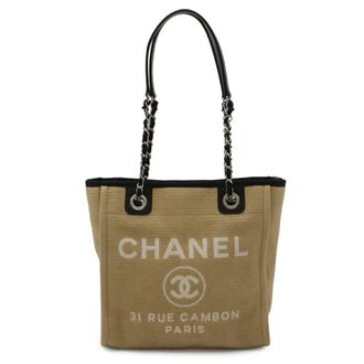 Chanel Beige Black Canvas Shoulder Bag Tote Bag (Pre-Owned)