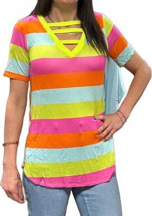 Bibi Neon Striped V-Neck Tee In Multi