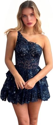 Generic One Shoulder Homecoming Dress for Teens Short Sparkly Sequin Prom Party Dress Tulle Lace Tiered Ruffle Cocktail Evening Gown Navy Blue 12