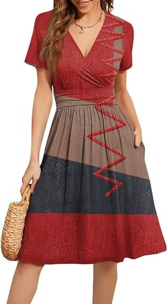 Generic Boho Dresses for Women UK, Womens Summer Casual Short Sleeve Dresses V Neck Floral Vacation Sundress Faux Wrap Midi Dress with Pockets Sister Birthday