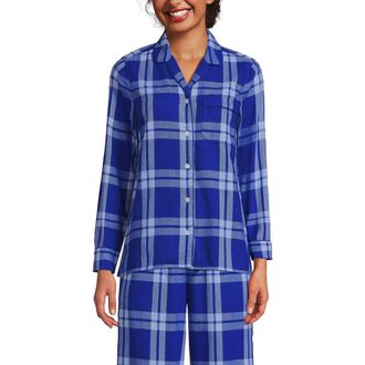 Lands End Long Sleeve Print Flannel Pajama Top in Clear Blue Sky/lapis Plaid at Nordstrom, Size X-Large
