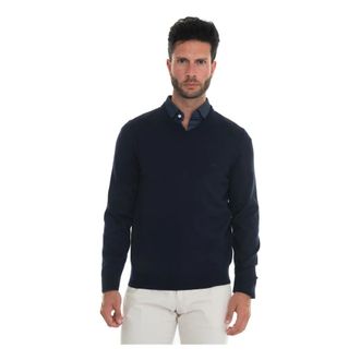 HUGO BOSS V-neck Knitwear, male, Blue, 3XL, Slim Fit Wool V-Neck Pullover