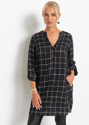 Bonprix Longbluse BONPRIX, Damen, Gr. 34, schwarz (schwarz, wei&szlig; kariert), Obermaterial: 100% Polyester, gerade, Blusen Longbluse, gerade Passform, mit Umlege