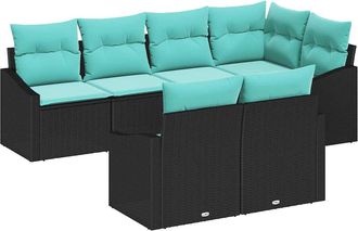vidaXL Vidaxl Juego De Sof&aacute; 7 Uds. Negro Rat&aacute;n Sint&eacute;tico