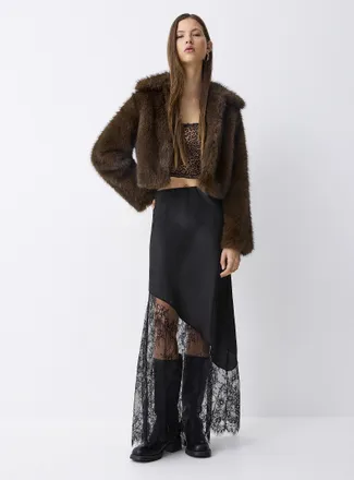 Twik Womens Lace trim satiny maxi skirt