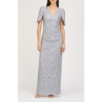 JS Collections Elena Floral Embroidered Column Gown in Silver at Nordstrom Rack, Size 12
