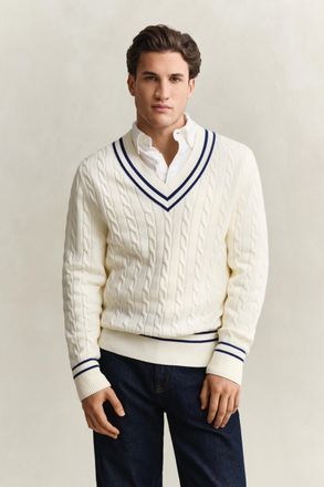 GANT Men Cotton Cable Knit V-Neck Sweater (XXXL) CREAM