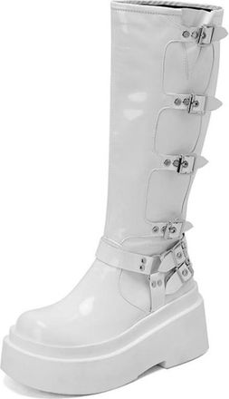 Generic Womens Patent Leather Platform Boots with Buckle Round Toe Knee High Boots Block Heel Gothic Punk Boot,White1,6.5 UK