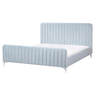 Beliani Cama Con Somier De Terciopelo Con Cabecero Acolchado 160 X 200 Cm Patas De Metal Azul Claro Lunan