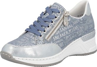 Rieker Sneaker RIEKER, Damen, Gr. 36, blau (hellblau), Lederimitat, metallic, Schuhe Sneaker, mit Lettern bedruckt, Freizeitschuh, Halbschuh, Schn&uuml;rschuh