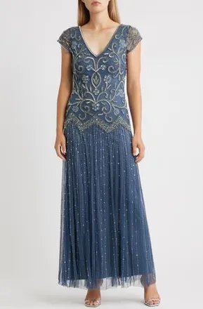 Pisarro Nights Beaded Chiffon Gown in Grey at Nordstrom Rack, Size 10