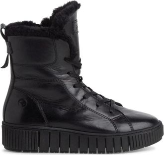 Tamaris Zwarte veterlaarsjes met zwart kant - Dames - Winterlaarzen - Zwart - 39 EU - Leer - Schoenen