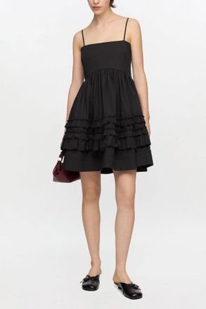 Ganni Black Mini Frill Dress - Size 34 Organic Cotton