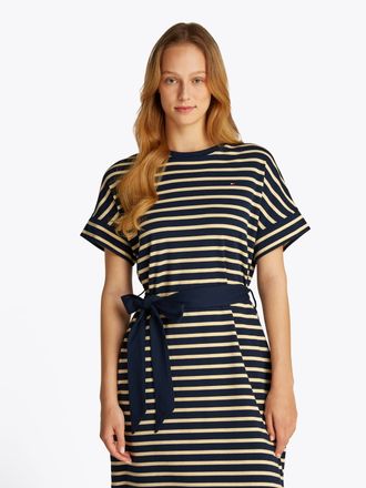 Tommy Hilfiger A-Linien-Kleid TOMMY HILFIGER COTTON INTERLOCK SHORT DRESS, Damen, Gr. S (36), N-Gr, blau (night sky, country ivory), Web, Obermaterial: 100% Baumwoll