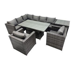 Fimous 8-seater Rattan Garden Furniture Dining Set with Side Table in Dark Grey