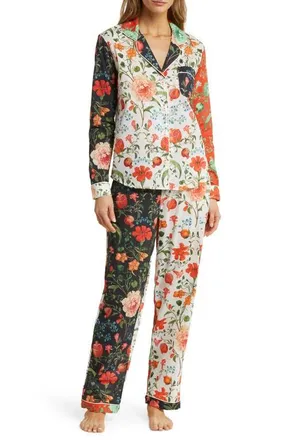 Desmond & Dempsey Long Sleeve Cotton Pajamas in Persephone Black/multi at Nordstrom, Size X-Small
