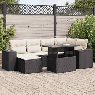 vidaXL Set De Sof&aacute;s De Jard&iacute;n 7 Pzas Con Cojines Rat&aacute;n Sint&eacute;tico Negro