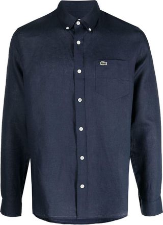 Lacoste logo-embroidered button-down shirt - men - Linen/Flax - 39 - Blue