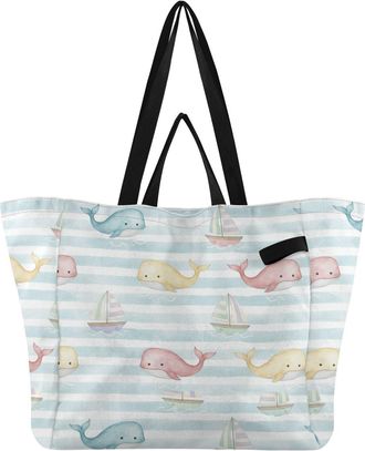 Generic Whales Blue print Reusable Canvas Tote Bag, Heavy Duty Grocery Shopping Bag with Hard Bottom Double Handles Large Capacity Work Groceries Travel