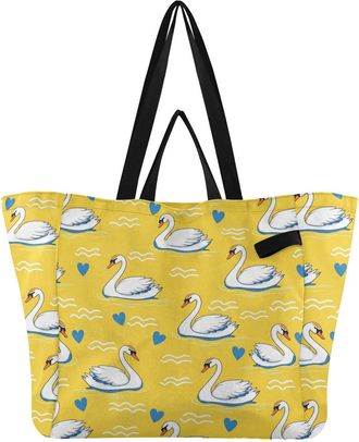 Generic Swans Hearts Yellow pattern Reusable Canvas Tote Bag, Heavy Duty Grocery Shopping Bag with Large Capacity Hard Bottom Double Handles Work Groceries Tr