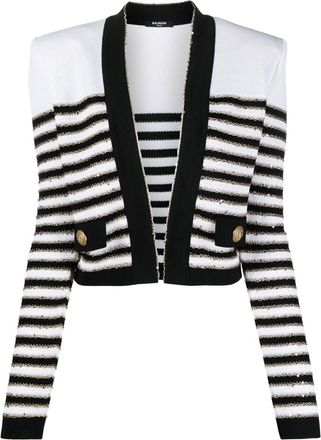 Balmain striped cropped jacket - women - Viscose/Metallic Fibre - 38 - White
