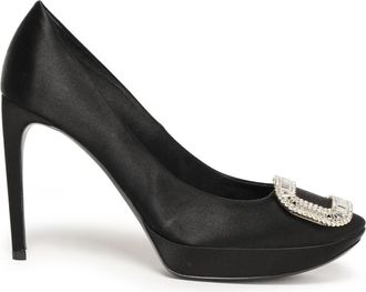Roger Vivier Black Crystal-Embellished Satin Platform Pumps Size 39.5