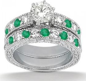 Allurez Antique Diamond & Emerald Bridal Set 14k White Gold (1.75ct)
