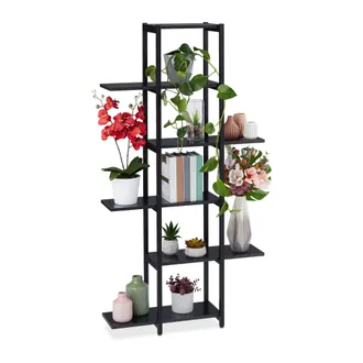 Relaxdays Relaxdays - Estanter&iacute;a Met&aacute;lica Plantas, Escalera Macetas 6 Baldas Interior, Efecto Madera, 150x78x24 Cm, Negro