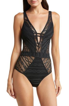 BECCA by Rebecca Virtue Colorplay Lace One-Piece Swimsuit in Black at Nordstrom, Size Small