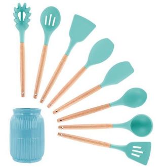 MegaChef Silicone and Wood Cooking Utensils, Set of 9 in Light Teal at Nordstrom