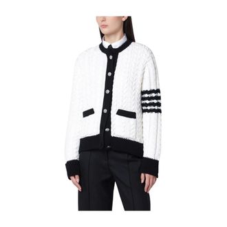 Thom Browne Aran Kabel Crew Neck Cardigan - Dames - Truien - Wit - Maat: XS Wol