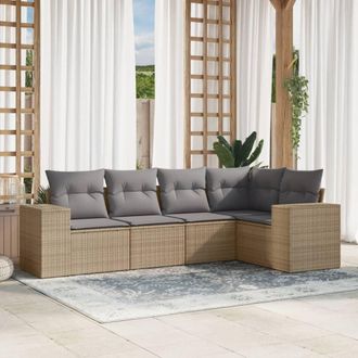 vidaXL Juego De Sof&aacute;s Jard&iacute;n Con Cojines 5 Pzas Rat&aacute;n Sint&eacute;tico Beige Vidaxl