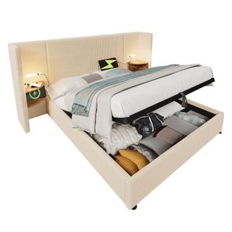 STILVORA Cama Con Arc&oacute;n 160 X 200 Cm De Terciopelo Acanalado, Cama Doble Con L&aacute;mpara De Lectura, Usb Y Tipo-c, Colch&oacute;n Incluido, Beige