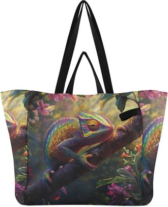 Generic Chameleon Branch Green pattern Reusable Canvas Tote Bag, Heavy Duty Grocery Shopping Bag with Large Capacity Double Handles Hard Bottom Work Groceries
