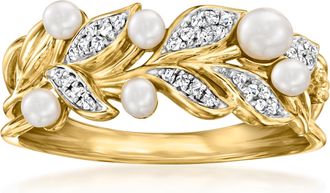 Ross-Simons 2-3.5mm Cultured Pearl Vine Ring With Diamonds in 18kt Gold Over Sterling