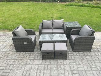Fimous 6 Seater Rattan Lounge Sofa Set Outdoor Garden Furniture Set with Rectangular Coffee Table Love Sofa Side Table in Dark Grey