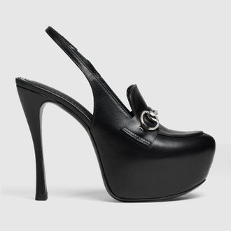Gucci Womens Platform Slingback With Horsebit, Black, Leather
